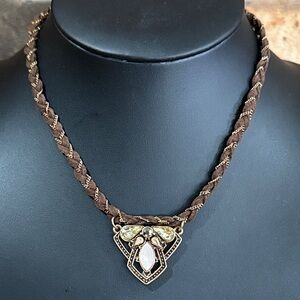Vintage artisan braided brown cord and chain choker necklace rhinestone pendant
